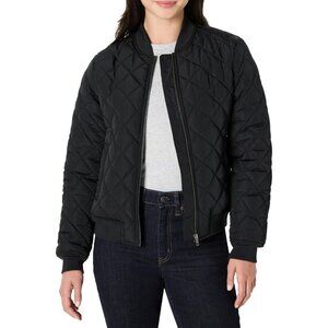 Women's Black Quilted Bomber Jacket Coat Style Cool Weather Front Zipper Closure